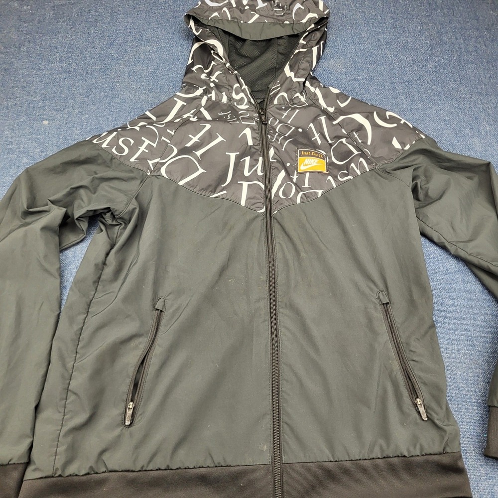 Nike Mens Windrunner Jacket Black Just Do It AOP Print Hooded Full Zip Med